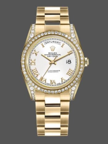 Rolex Day-Date 118388 replica, white dial with Roman numerals, 36 mm, unisex