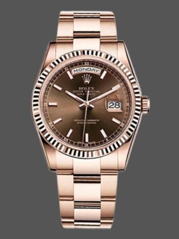 Replica unisex Rolex Day-Date 118235 watch with fluted bezel and 36mm chocolate dial