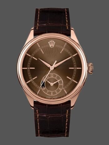 Réplica del reloj Rolex Cellini Dual Time 50525 para hombre, esfera con guilloché marrón, correa de piel marrón, 39 mm