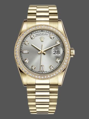 Replica of the unisex Rolex Day-Date 118348 watch with silver dial and 36 mm diamonds