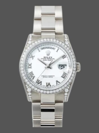 Replica of the unisex Rolex Day-Date 118389 with white dial and 36 mm Roman numerals