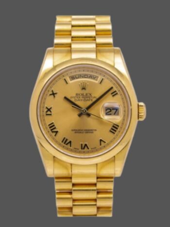 Rolex Day-Date 118208 replica, champagne dial, Roman numerals, 36 mm, unisex