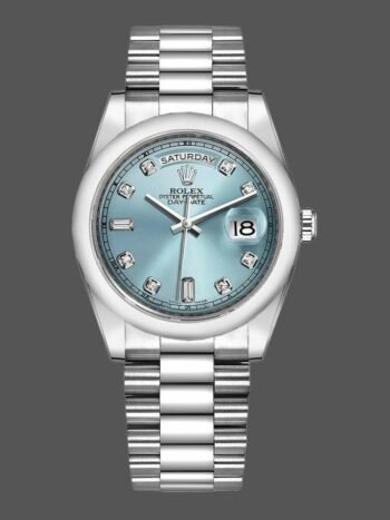 Rolex Day-Date 118206 replica watch, ice blue dial, diamonds and platinum, 36 mm, unisex