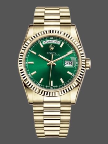 Replica Rolex Day-Date 118238 unisex watch, yellow gold, fluted bezel, green dial, 36 mm
