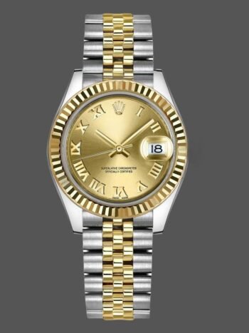 Replica Rolex Datejust 279173 for women, champagne Roman numeral dial, fluted bezel, 28 mm