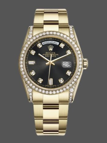 Replica Rolex Day-Date 118388 unisex watch in yellow gold, black diamond dial, 36 mm