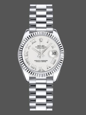 Replica Rolex Datejust 179179 for women, white dial with Roman numerals and fluted bezel, 26 mm