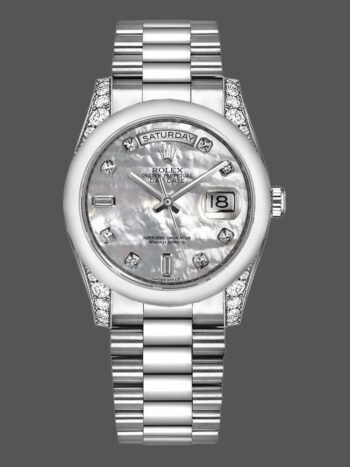 Rolex Day-Date 118296 replica watch, platinum, mother-of-pearl, white dial, diamonds, 36 mm, unisex