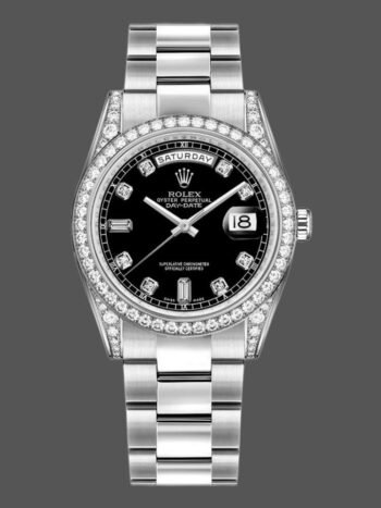 Replica Rolex Day-Date 118389 watch with diamond bezel and 36mm black diamond dial for men.