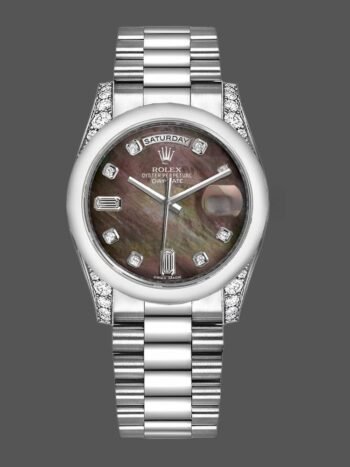 Rolex Day-Date 118296 Replica Watch, Unisex Platinum Mother of Pearl Dial Diamonds 36mm