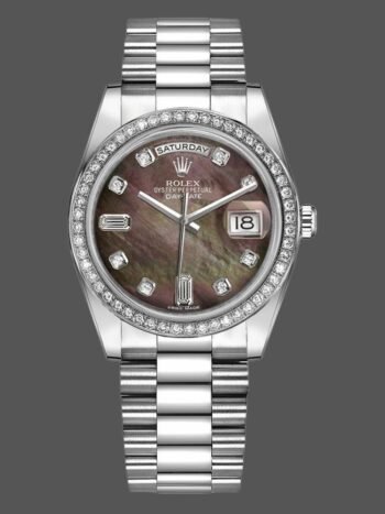 Replica Rolex Day Date 118346 unisex 36mm watch with black mother-of-pearl and platinum dial