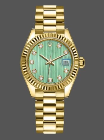 Replica Rolex Datejust 279178 women's watch, mint green diamond dial and 28mm fluted bezel