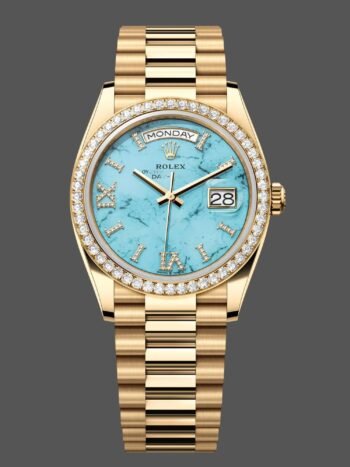 Rolex Day-Date 128348RBR replica, turquoise dial with diamonds, 36mm yellow gold, unisex