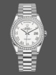 Replica Rolex Day-Date 128349RBR unisex watch with white Roman dial and 36mm diamond bezel