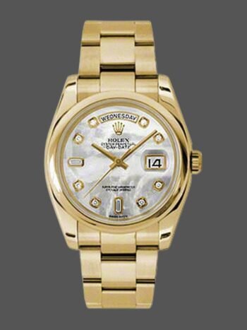 Replica Rolex Day-Date 118208 unisex watch with mother-of-pearl dial and 36 mm diamonds