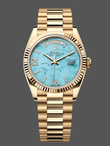 Rolex Day-Date Replica 128238, Fluted Bezel, Turquoise Diamond Dial, 36mm, Unisex