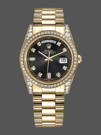 Replica of the unisex Rolex Day-Date 118388 watch with 36 mm black diamond dial