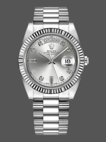 Rolex Day-Date 218239 Men's Watch Replica Silver Dial with Diamonds, White Gold, 41mm