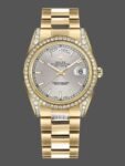 Replica Rolex Day-Date 118388 watch with diamond bezel and silver dial with 36mm indexes for men.