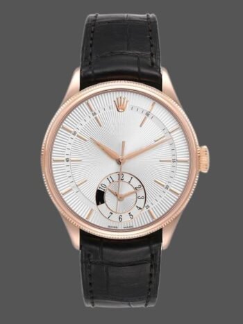 Réplica del reloj Rolex Cellini Dual Time 50525 para hombre, esfera plateada, correa de piel negra, 39 mm