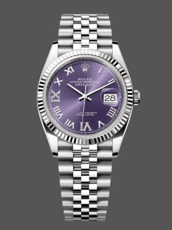 Replica of the unisex Rolex Datejust 126234 watch with fluted bezel and 36 mm eggplant dial