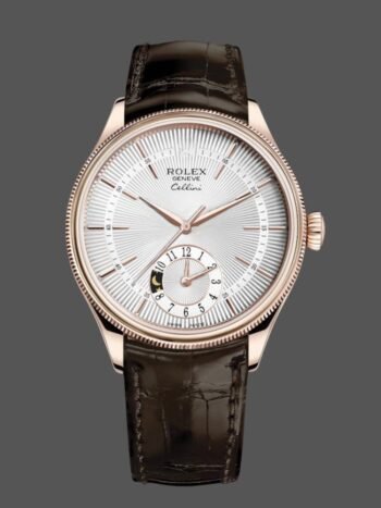 Réplica del reloj Rolex Cellini Dual Time 50525 para hombre, esfera plateada, correa de piel marrón, 39 mm