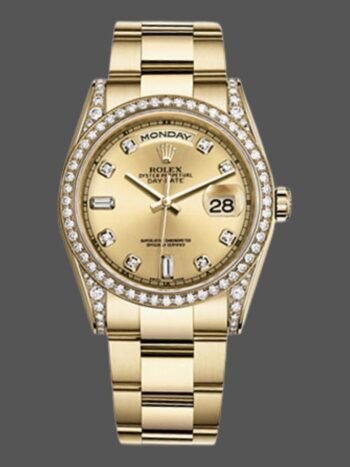 Replica Rolex Day-Date 118388 unisex watch with diamond bezel and 36mm champagne dial