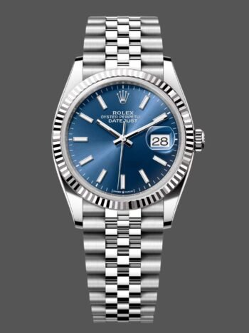 Replica Rolex Datejust 126234 unisex watch, blue dial with indexes and fluted bezel, 36 mm
