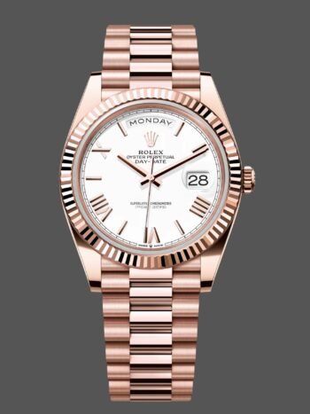 Replica Rolex Day-Date 228235 for men, white dial with Roman numerals, fluted bezel, 40 mm
