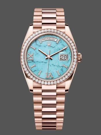 Rolex Day-Date 36 Rose Gold Turquoise Roman dial set with diamonds Diamond bezel m128345rbr 0064