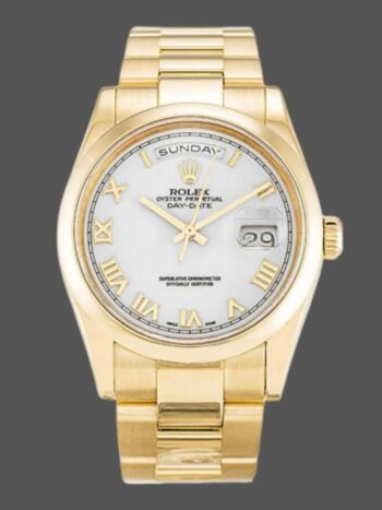 Rolex Day-Date 118208 Replica Yellow Gold White Dial Roman Numerals 36mm Unisex
