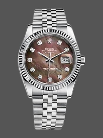 Replica of the unisex Rolex Datejust 116234 watch with black mother-of-pearl dial and 36 mm diamonds