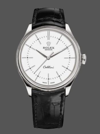 Rolex Cellini Time 50509 Men's Watch Replica Black Leather Strap White Dial 39mm