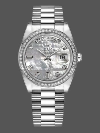 Replica of the unisex Rolex Day Date 118346 watch with a 36 mm white mother-of-pearl dial