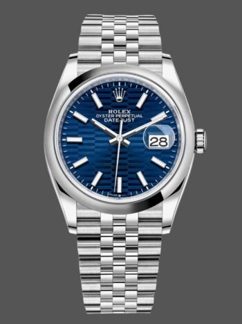 Replica Rolex Datejust 126200 watch, automatic, stainless steel, with wavy dial and blue motif, unisex, 36 mm