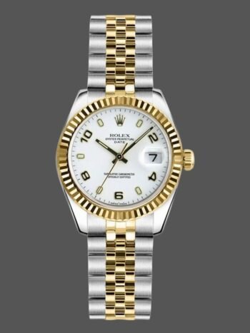 Replica Rolex Datejust 179173 for women, white dial with Arabic numerals and fluted bezel, 26 mm
