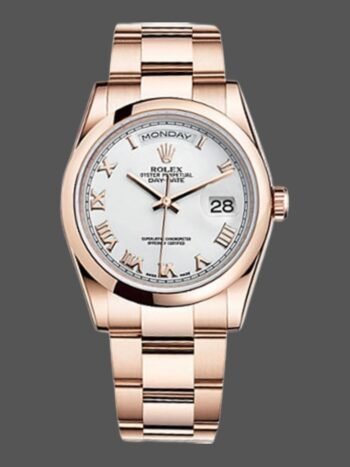Rolex Day-Date 118205 replica, white dial with Roman numerals, 36 mm, unisex
