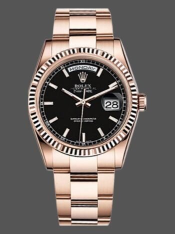 Replica Rolex Day-Date 118235 unisex watch, black dial, fluted bezel, 36 mm