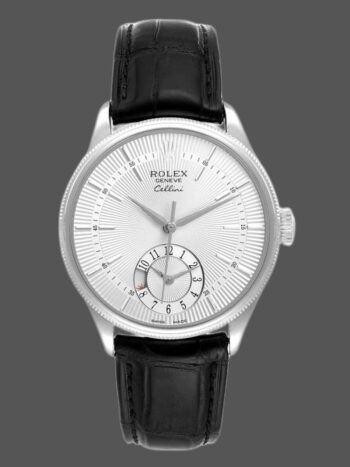 Réplica del reloj Rolex Cellini Dual Time 50529 para hombre, esfera plateada con efecto sol, correa de piel negra, 39 mm