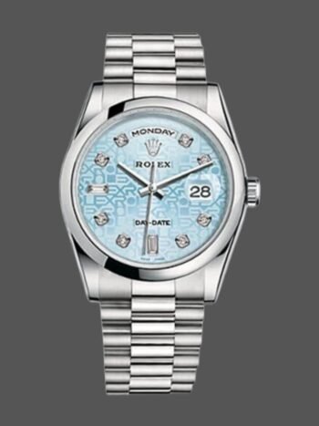 Replica of the unisex Rolex Day-Date 118206 with 36mm ice blue diamond dial