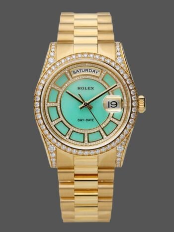 Replica Rolex Day-Date 118388 unisex watch, yellow gold, green diamonds, diamond dial, 36 mm