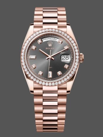 Replica of the unisex Rolex Day-Date 128345RBR watch with 36 mm Everose gold slate dial