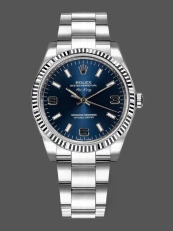 Réplica del reloj Rolex Oyster Perpetual Air-King 114234, esfera azul, bisel estriado de oro blanco, 34 mm, unisex.