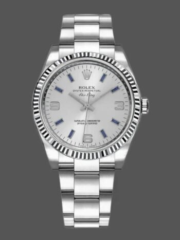 Rolex Oyster Perpetual Air-King 114234 Replica Watch, Silver Dial, Blue Hour Markers, 34mm, Unisex