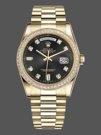 Replica Rolex Day Date 118348 unisex watch in yellow gold, black diamond dial, 36 mm