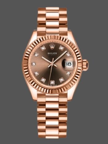 Replica Rolex Datejust 279175 for women, chocolate dial with diamonds and fluted bezel, 28 mm