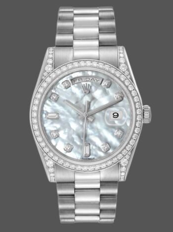 Replica Rolex Day-Date 118389 watch with diamond bezel and 36mm white dial for men.