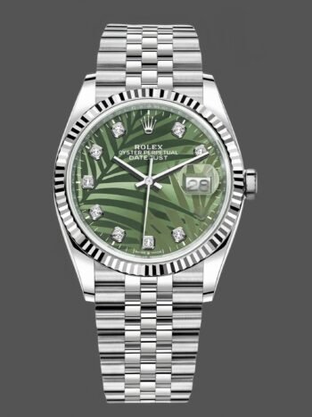Replica of the unisex Rolex Datejust 126234 watch with olive green palm tree motif and 36 mm dial