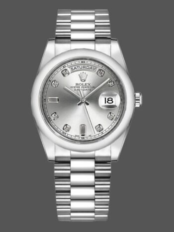 Rolex Day-Date 118209 replica watch, automatic, unisex, white gold, silver, diamond dial, 36 mm