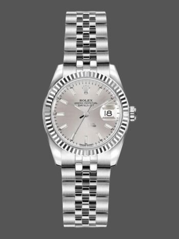 Replica Rolex Datejust 179174 women's watch, silver dial with indexes and fluted bezel, 26 mm